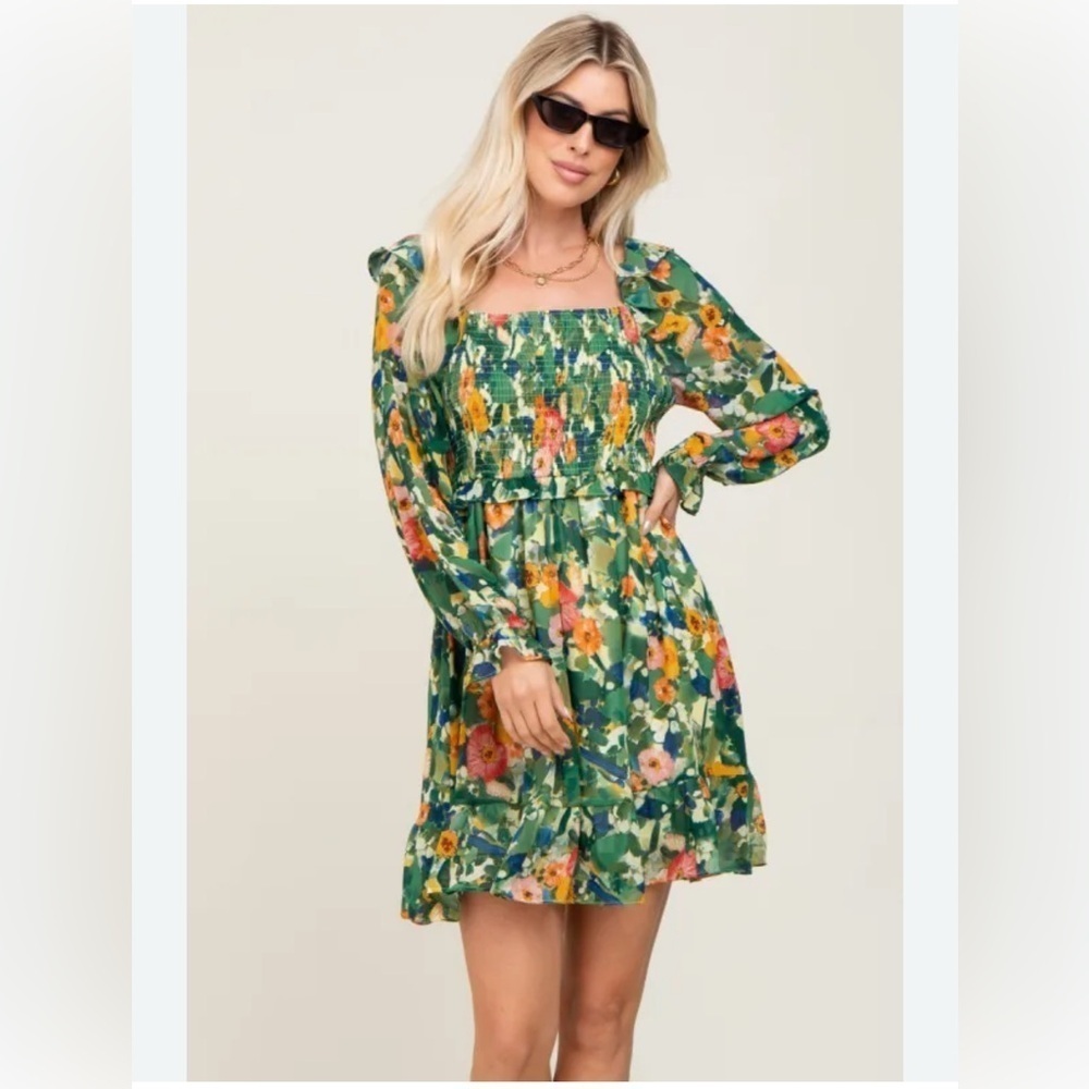 JODIFL Green and Orange Floral Smocked Top Mini Sundress with Bishop Sleeves Med